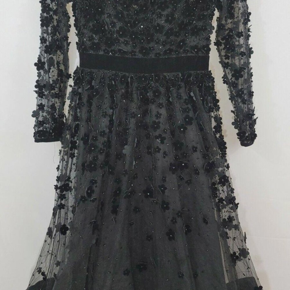 Mac Duggal Long-Sleeve Tea-Length Floral Applique Cocktail Dress Sz 4 - Picture 4 of 6
